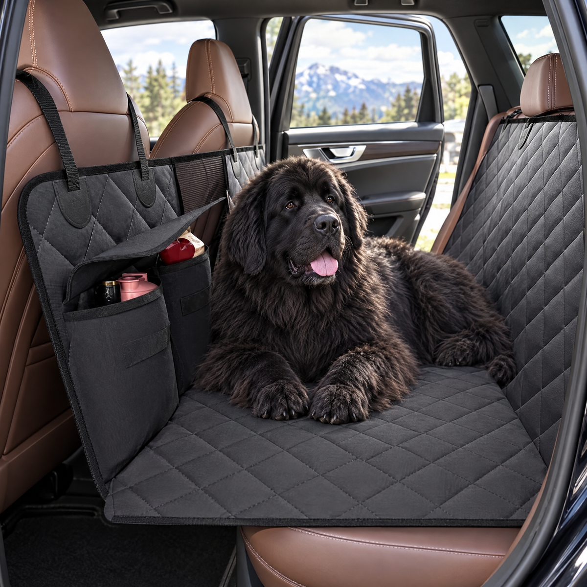 Newfoundland lying on the hard-bottom back seat extender in a car