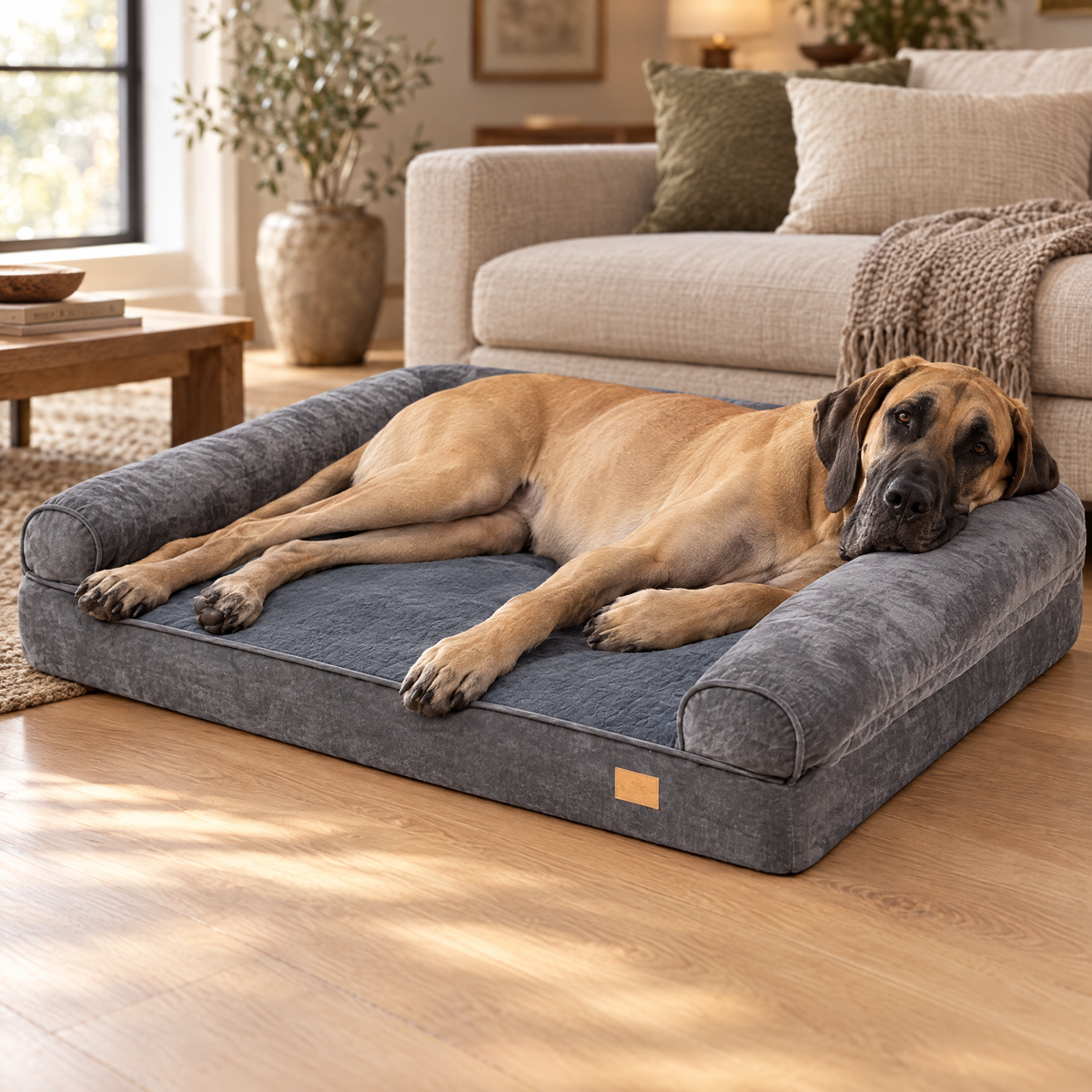 Great Dane lying on the giant breed orthopedic bolster bed in a living room