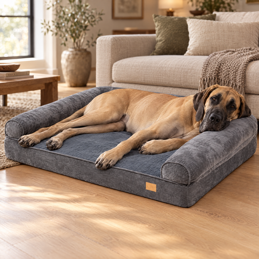 Great Dane lying on the giant breed orthopedic bolster bed in a living room