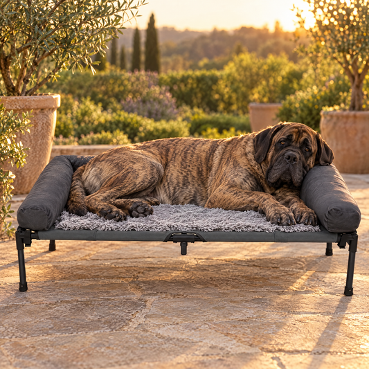 English Mastiff resting on the XXL elevated dog cot on a patio