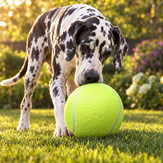 Harlequin Great Dane playing with the 9.5 inch giant tennis ball in a yard