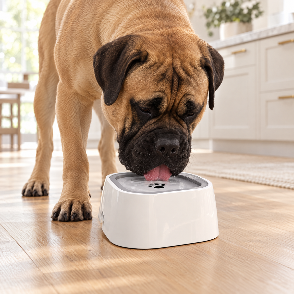 Bullmastiff drinking from the no-spill floating water bowl in a kitchen