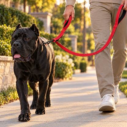 Cane Corso walking on the red heavy-duty double-handle leash