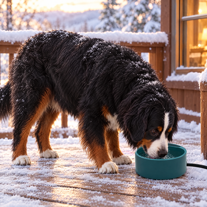 Bernese Mountain Dog drinking from the heated water bowl on a snowy porch