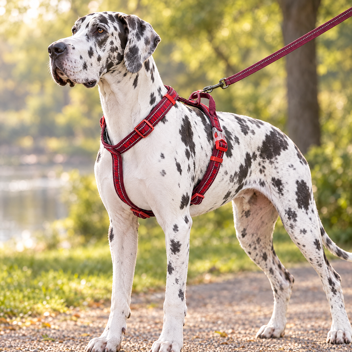 Harlequin Great Dane wearing the padded no-pull harness on a walk