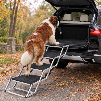 St. Bernard climbing the folding dog car stairs into an SUV