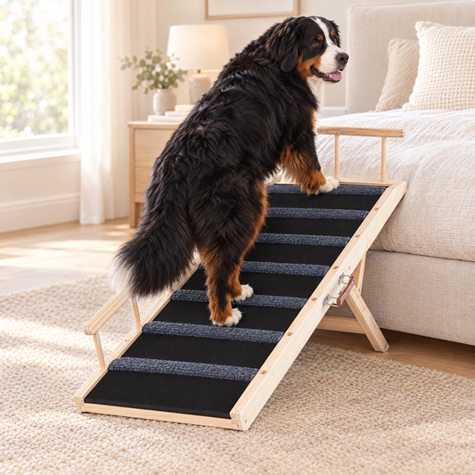 Bernese Mountain Dog walking up the folding wooden dog ramp to a bed